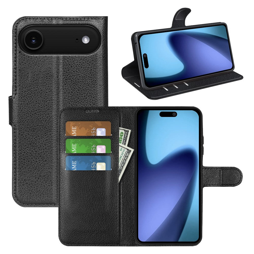 EIDERWOOD iPhone Air Litchi Flip Case with Built-in Card Holder & Stand Function - Black