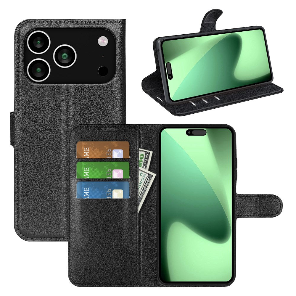 EIDERWOOD iPhone 17 Pro Litchi Flip Case with Built-in Card Holder & Stand Function - Black