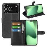 EIDERWOOD iPhone 17 Pro Litchi Flip Case with Built-in Card Holder & Stand Function - Black