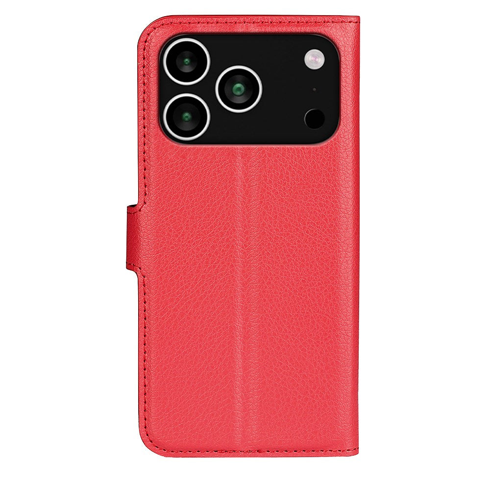 EIDERWOOD iPhone 17 Pro Litchi Flip Case with Built-in Card Holder & Stand Function - Red