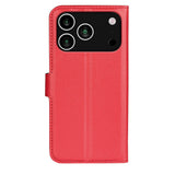 EIDERWOOD iPhone 17 Pro Litchi Flip Case with Built-in Card Holder & Stand Function - Red