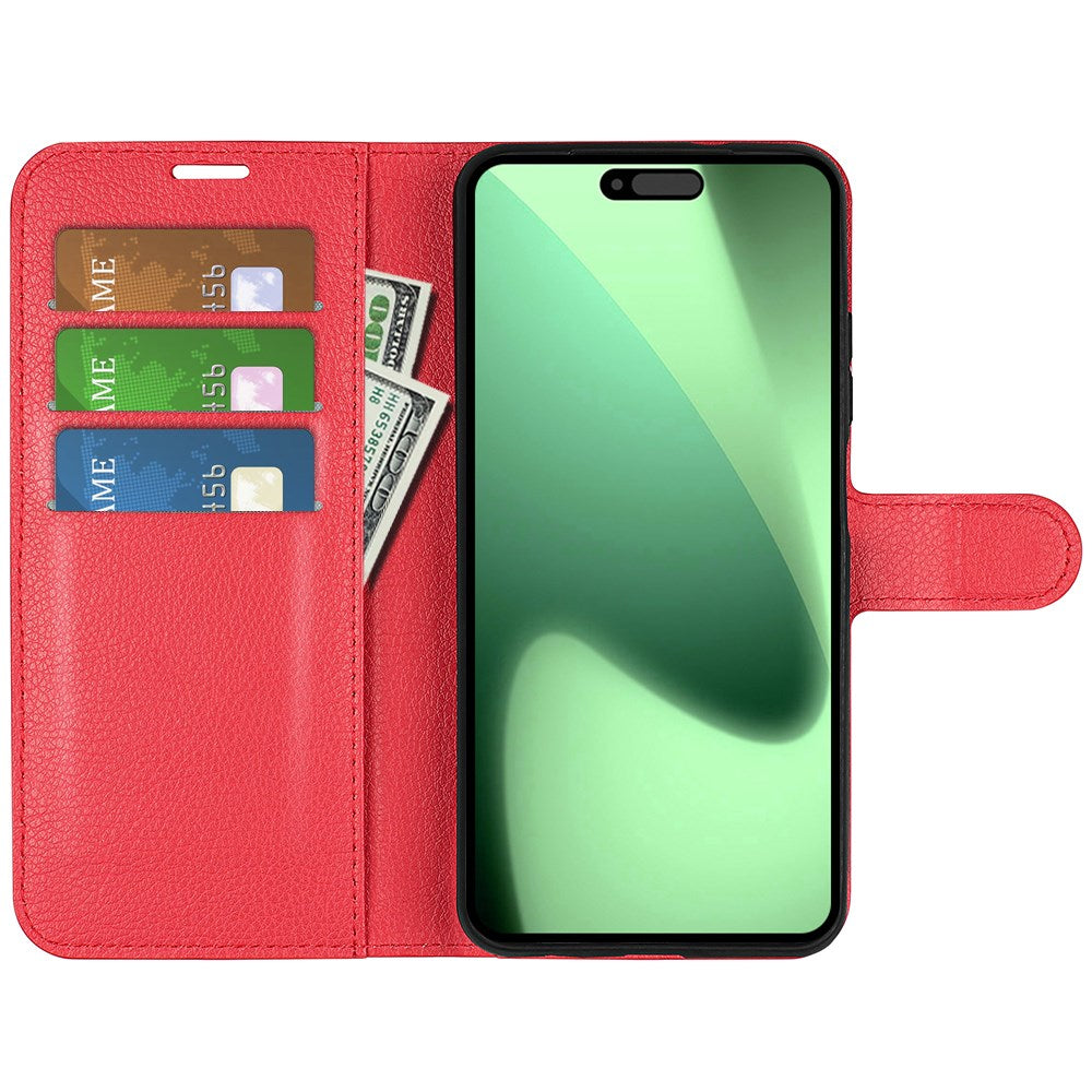 EIDERWOOD iPhone 17 Pro Litchi Flip Case with Built-in Card Holder & Stand Function - Red
