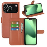 EIDERWOOD iPhone 17 Pro Litchi Flip Case with Built-in Card Holder & Stand Function - Brown