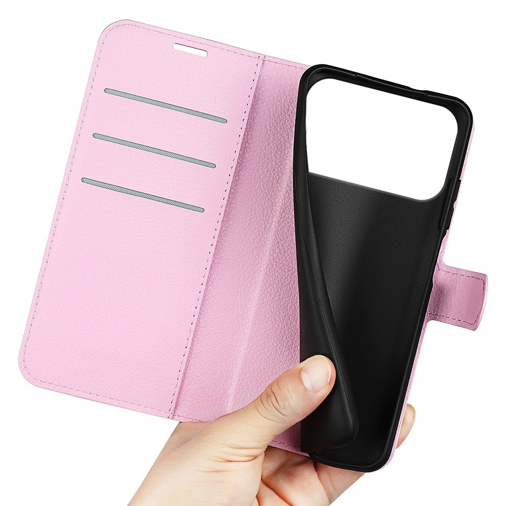 EIDERWOOD iPhone 17 Pro Litchi Flip Case with Built-in Card Holder & Stand Function - Pink