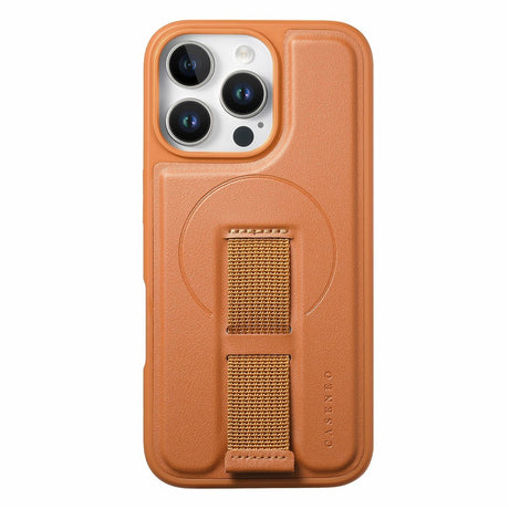 iPhone 16 Pro Hard Plastic Case with Faux Leather Back & Finger Strap - MagSafe Compatible - Brown