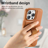 iPhone 16 Pro Hard Plastic Case with Faux Leather Back & Finger Strap - MagSafe Compatible - Brown
