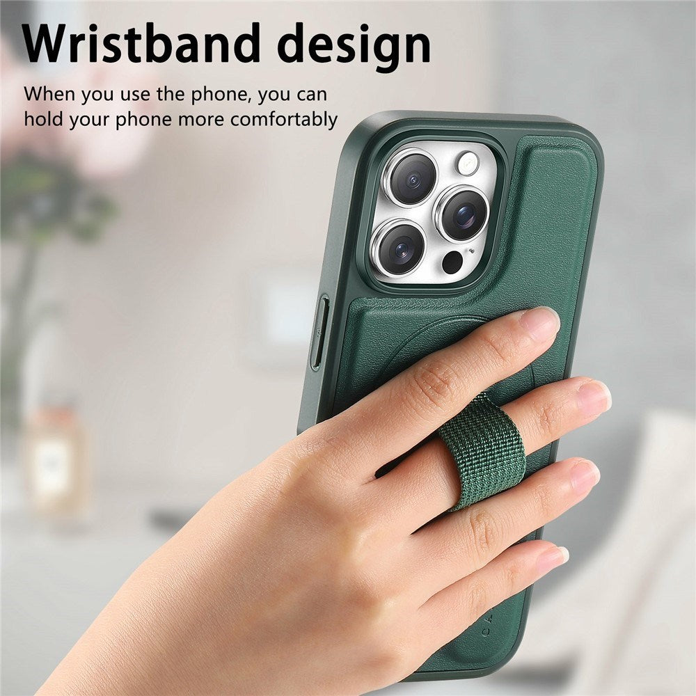 iPhone 16 Pro Hard Plastic Case with Faux Leather Back & Finger Strap - MagSafe Compatible - Green