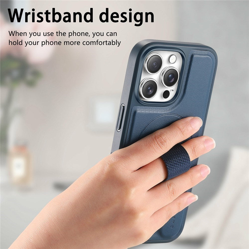 iPhone 16 Pro Hard Plastic Case with Faux Leather Back & Finger Strap - MagSafe Compatible - Blue