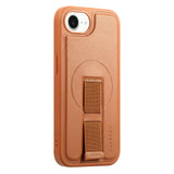 iPhone 16e Hard Plastic Case with Faux Leather Back & Finger Strap - MagSafe Compatible - Brown