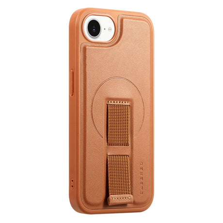 iPhone 16e Hard Plastic Case with Faux Leather Back & Finger Strap - MagSafe Compatible - Brown