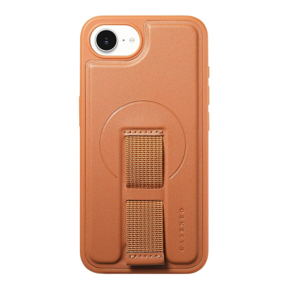 iPhone 16e Hard Plastic Case with Faux Leather Back & Finger Strap - MagSafe Compatible - Brown