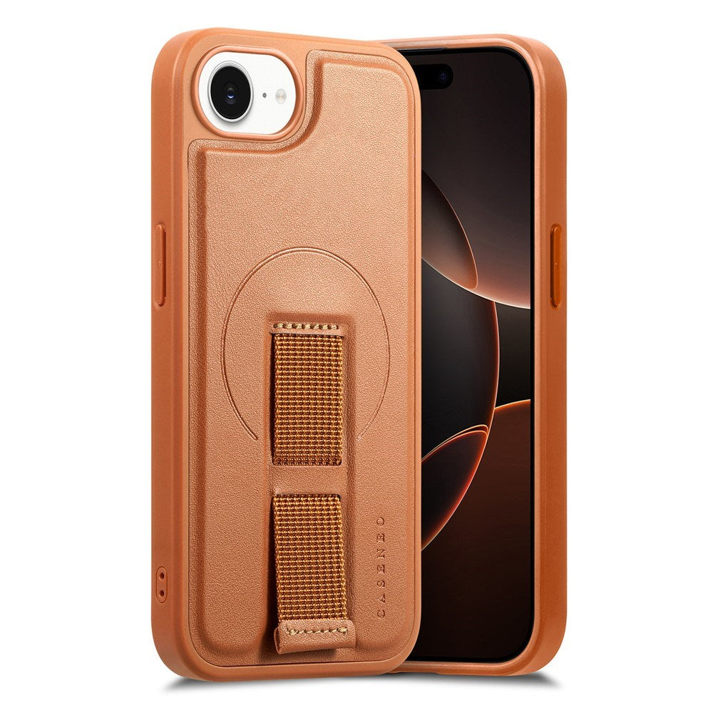 iPhone 16e Hard Plastic Case with Faux Leather Back & Finger Strap - MagSafe Compatible - Brown