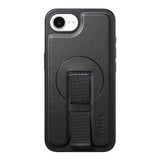 iPhone 16e Hard Plastic Case with Faux Leather Back & Finger Strap - MagSafe Compatible - Black