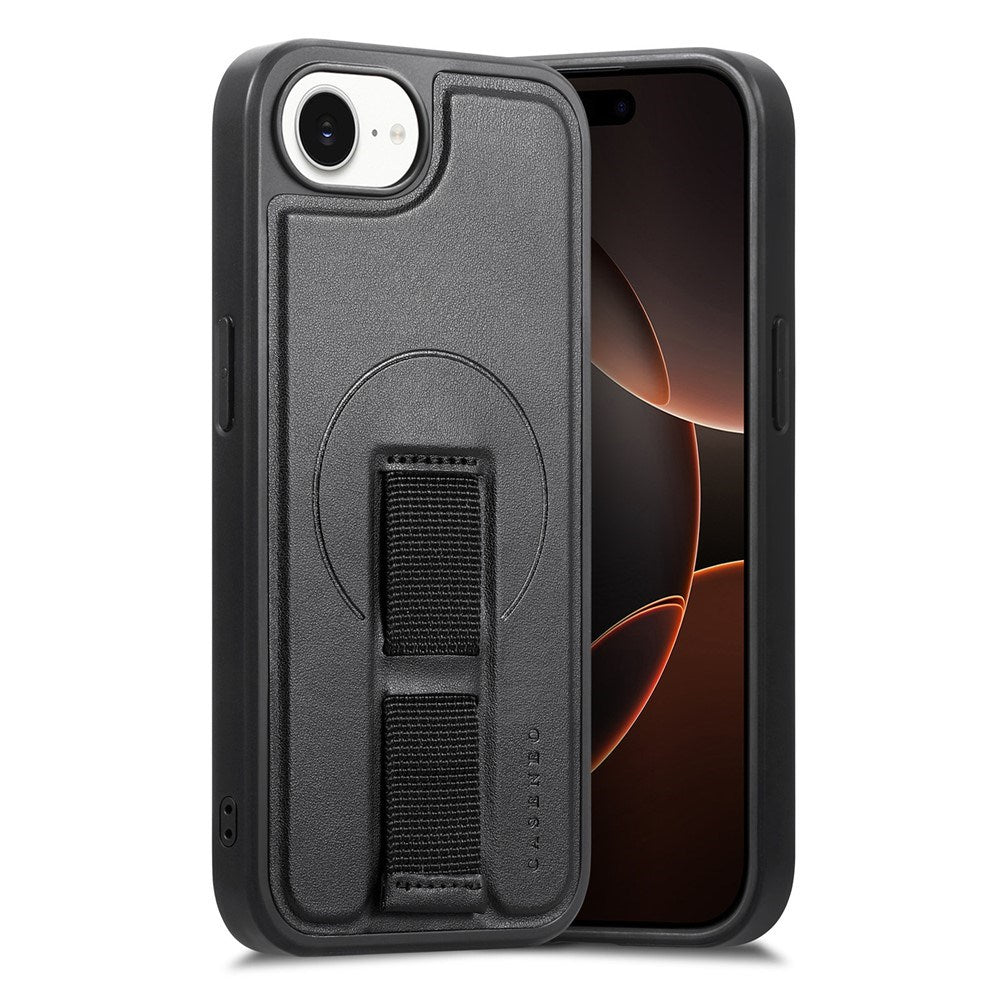 iPhone 16e Hard Plastic Case with Faux Leather Back & Finger Strap - MagSafe Compatible - Black