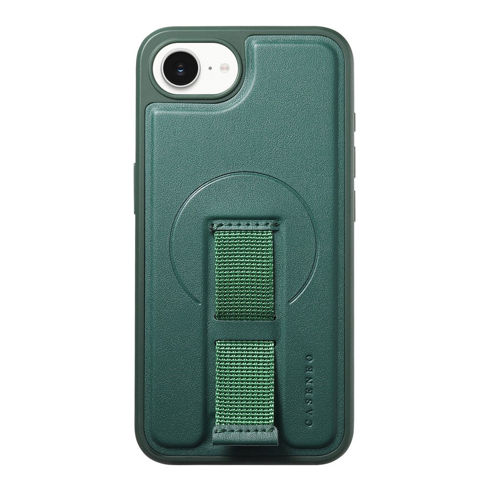 iPhone 16e Hard Plastic Case with Faux Leather Back & Finger Strap - MagSafe Compatible - Green