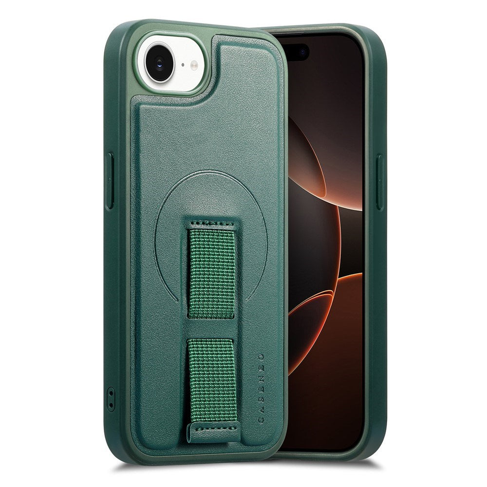 iPhone 16e Hard Plastic Case with Faux Leather Back & Finger Strap - MagSafe Compatible - Green