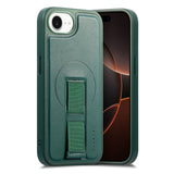 iPhone 16e Hard Plastic Case with Faux Leather Back & Finger Strap - MagSafe Compatible - Green