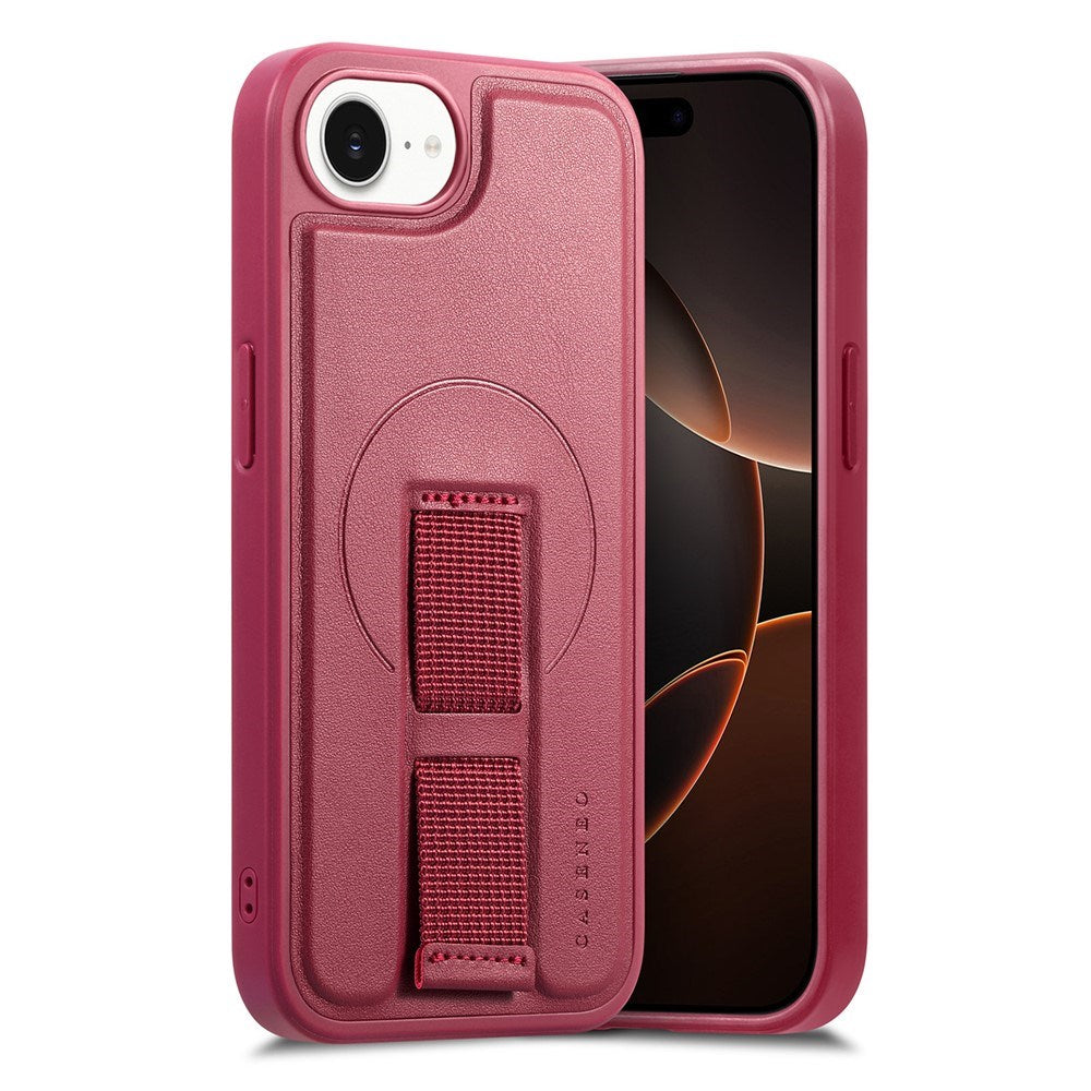iPhone 16e Hard Plastic Case with Faux Leather Back & Finger Strap - MagSafe Compatible - Red