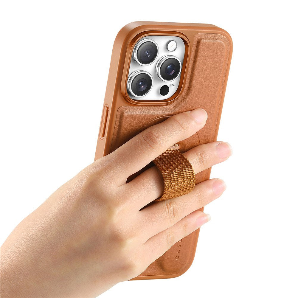 iPhone 13 Pro Hard Plastic Case with Faux Leather Back & Finger Strap - MagSafe Compatible - Brown