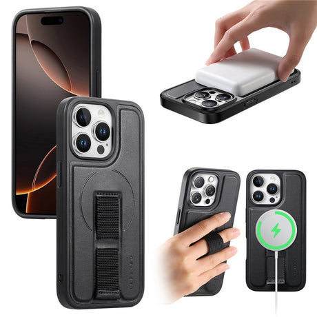 iPhone 13 Pro Hard Plastic Case with Faux Leather Back & Finger Strap - MagSafe Compatible - Black