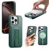 iPhone 13 Pro Hard Plastic Case with Faux Leather Back & Finger Strap - MagSafe Compatible - Green