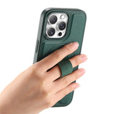 iPhone 13 Pro Hard Plastic Case with Faux Leather Back & Finger Strap - MagSafe Compatible - Green