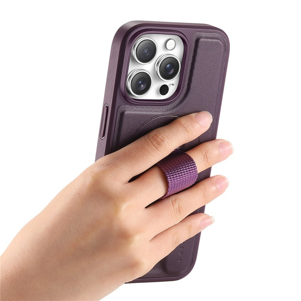 iPhone 13 Pro Hard Plastic Case with Faux Leather Back & Finger Strap - MagSafe Compatible - Purple
