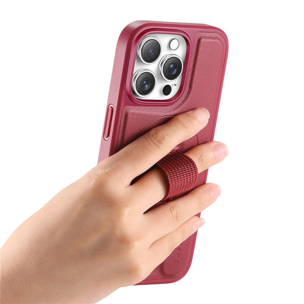 iPhone 13 Pro Hard Plastic Case with Faux Leather Back & Finger Strap - MagSafe Compatible - Red