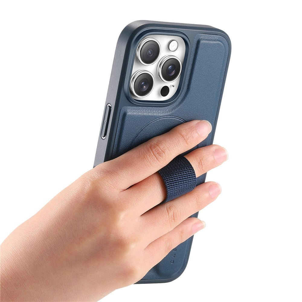 iPhone 13 Pro Hard Plastic Case with Faux Leather Back & Finger Strap - MagSafe Compatible - Blue