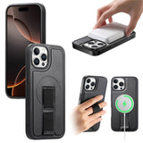 iPhone 12 / 12 Pro Hard Plastic Case with Faux Leather Back & Finger Strap - MagSafe Compatible - Black