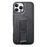 iPhone 12 / 12 Pro Hard Plastic Case with Faux Leather Back & Finger Strap - MagSafe Compatible - Black