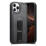 iPhone 12 / 12 Pro Hard Plastic Case with Faux Leather Back & Finger Strap - MagSafe Compatible - Black