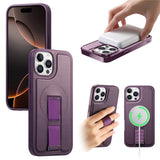 iPhone 12 / 12 Pro Hard Plastic Case with Faux Leather Back & Finger Strap - MagSafe Compatible - Purple