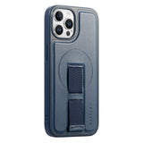 iPhone 12 / 12 Pro Hard Plastic Case with Faux Leather Back & Finger Strap - MagSafe Compatible - Blue