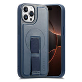 iPhone 12 / 12 Pro Hard Plastic Case with Faux Leather Back & Finger Strap - MagSafe Compatible - Blue