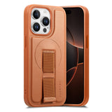 iPhone 14 Pro Hard Plastic Case with Faux Leather Back & Finger Strap - MagSafe Compatible - Brown