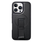 iPhone 14 Pro Hard Plastic Case with Faux Leather Back & Finger Strap - MagSafe Compatible - Black