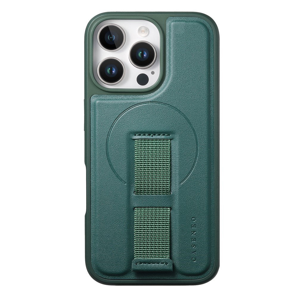 iPhone 14 Pro Hard Plastic Case with Faux Leather Back & Finger Strap - MagSafe Compatible - Green