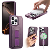 iPhone 14 Pro Hard Plastic Case with Faux Leather Back & Finger Strap - MagSafe Compatible - Purple