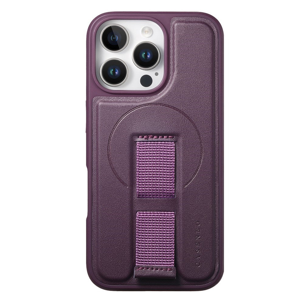 iPhone 14 Pro Hard Plastic Case with Faux Leather Back & Finger Strap - MagSafe Compatible - Purple