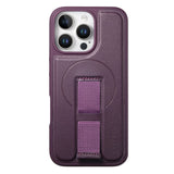 iPhone 14 Pro Hard Plastic Case with Faux Leather Back & Finger Strap - MagSafe Compatible - Purple