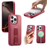 iPhone 14 Pro Hard Plastic Case with Faux Leather Back & Finger Strap - MagSafe Compatible - Red