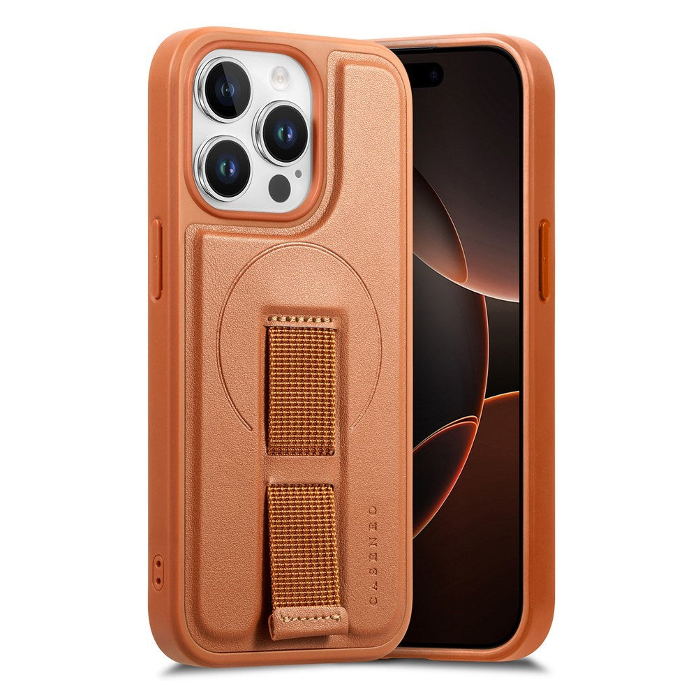 iPhone 15 Pro Hard Plastic Case with Faux Leather Back & Finger Strap - MagSafe Compatible - Brown