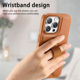 iPhone 15 Pro Hard Plastic Case with Faux Leather Back & Finger Strap - MagSafe Compatible - Brown