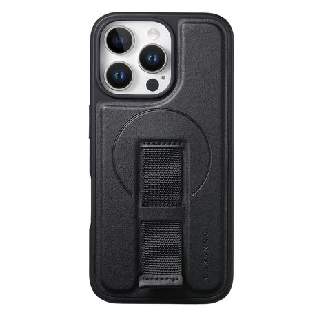 iPhone 15 Pro Hard Plastic Case with Faux Leather Back & Finger Strap - MagSafe Compatible - Black