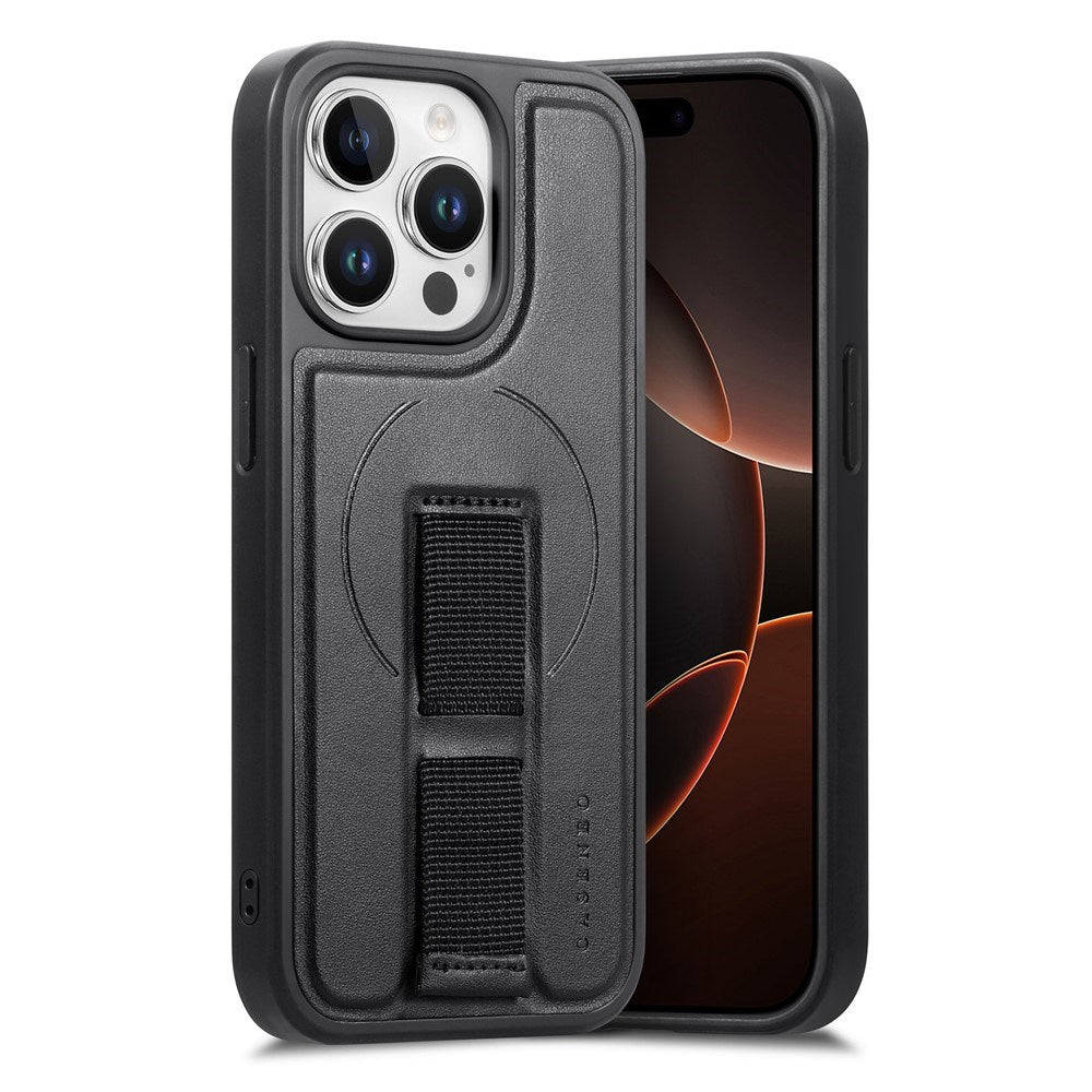 iPhone 15 Pro Hard Plastic Case with Faux Leather Back & Finger Strap - MagSafe Compatible - Black