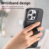 iPhone 15 Pro Hard Plastic Case with Faux Leather Back & Finger Strap - MagSafe Compatible - Black