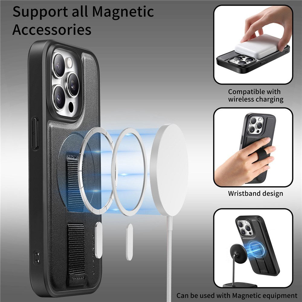 iPhone 15 Pro Hard Plastic Case with Faux Leather Back & Finger Strap - MagSafe Compatible - Black