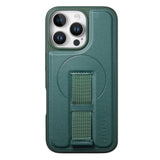 iPhone 15 Pro Hard Plastic Case with Faux Leather Back & Finger Strap - MagSafe Compatible - Green
