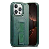 iPhone 15 Pro Hard Plastic Case with Faux Leather Back & Finger Strap - MagSafe Compatible - Green